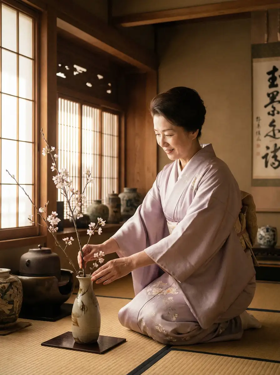 一位优雅的 彩娱乐平台 在和室中插花